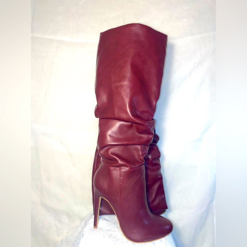 Burgundy knee high leather scrunch boots